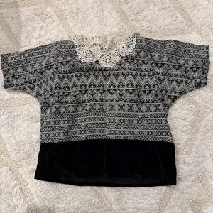 Vintage Artisan Woven Velvet Top/ Lace Collar – Black & Gray Pattern